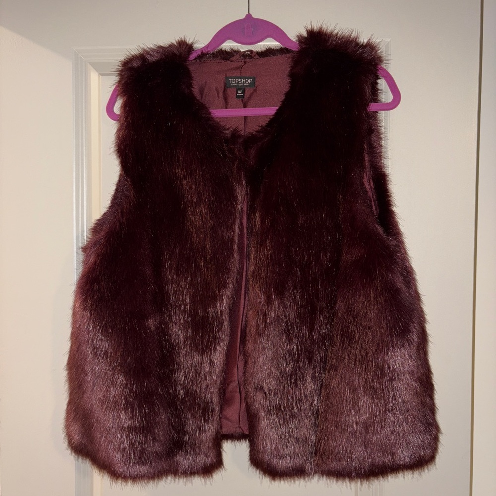 Topshop Faux Fur Vest in Deep Wine